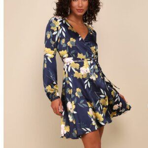 Lulu's Navy Blue Floral Print Satin Wrap Dress NWT